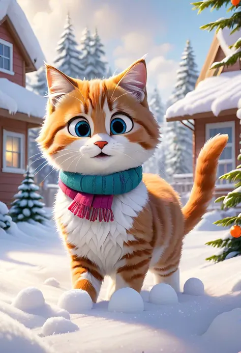 Make a Disney Pixar-style , Depict Milo the curious kitten exploring a snow-covered backyard, with his paw prints trailing behind him. Around him, snowmen with carrot noses and colorful scarves stand, and in the background, children can be seen building a snow fort, capturing the joy and excitement of a white Christmas.