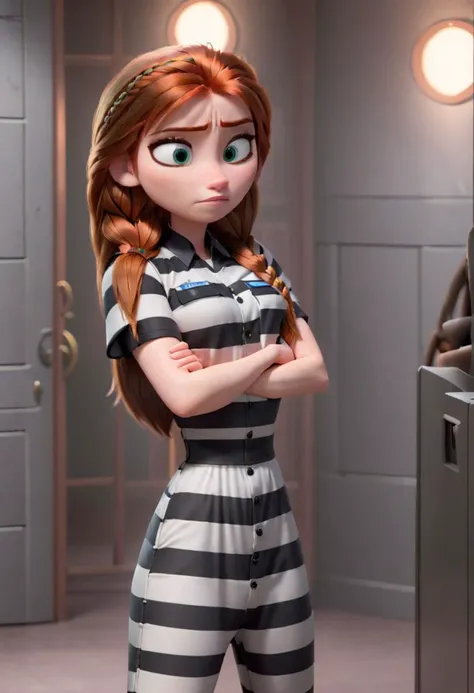 modisn disney, Pixar, mid shot, Anna in an intake room, long hair, Anna in a Black_White_Striped_Jumpsuit, Anna, frowning, sad, wearing a ((Black_White_Striped_Jumpsuit, short sleeved top)), intake room background, prison guards in background, hands behind head,