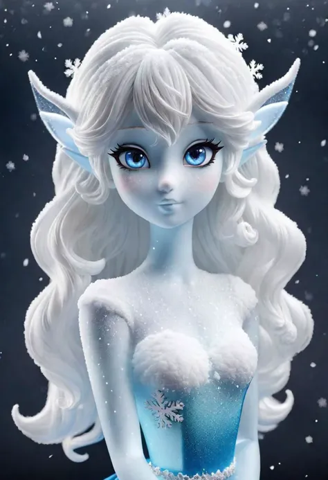 SnowStyle, transparent, translucent, translucent face, transparent skin, close up, girl, elf ears, blue christmas dress, straight long hair with bang, look at viewer, snow fall, black background, pastel blue aesthetic mood, pureerosface_v1