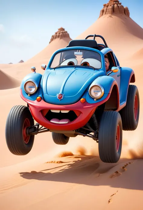 Disney Pixar Cars,(a very cute dune buggy,car, with eyes instead of headlights, sticks out her tongue, funny, iconic, hilarious moment,).,This should be a ((masterpiece)) with a ((best_quality)) in ultra-high resolution, both ((4K)) and ((8K)), incorporating ((HDR)) for vividness. It uses a ((Kodak Portra 400)) lens for timeless, professional quality. Emphasizes a ((blurred background)) with a touch of ((bokeh)) and ((lens flare)) for an artistic effect. Enhance ((vibrant colors)) for a vivid look. Make sure the photograph is ((ultra-detailed)) and shows ((absurd)) details. Pay special attention to capturing the ((beautiful face or head)) of the subject. The goal is to create a ((professional photograph)) that is visually stunning and technically excellent.