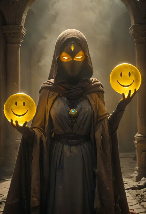 AtomicHeartTwinsCosplay, holding vibrant black-yellow sss glowing smiley Emoji shaped Spell rings,
pointed hat, translucent skin, Describe the captivating scene captured in the vintage photograph featuring a Bedouin artist skillfully wielding his magic spell rings amidst a mesmerized audience. Provide details about the artist's attire, the capes intricate design, and the expressions of the onlookers as they witness this extraordinary performance., amazing quality, masterpiece, best quality, hyper detailed, ultra detailed, UHD, perfect anatomy, portrait, dof, hyper-realism, majestic, awesome, inspiring, closeup, an weathered outworn old Fantasy cape, smooth, Closeup, by Dring, rust paint peelz, atmospheric haze, cinamatic composition, soft shadows, national geographic style