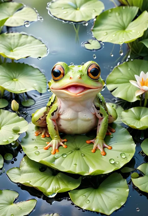 ((masterpiece)),((best quality)), 8k, high detailed, ultra-detailed, A charming and adorable frog with big, expressive eyes, perched on a lily pad in a serene pond, surrounded by water droplets and lush greenery, capturing the whimsical beauty of nature. Charming frog, big expressive eyes, lily pad, serene pond, water droplets, lush greenery