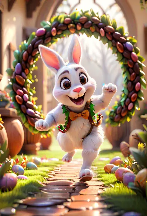 ASCIIA cute Easter bunny in the foreground running toward the viewer. Jumping through an oval wreath made out of chocolate. Background must be filled with Easter eggs