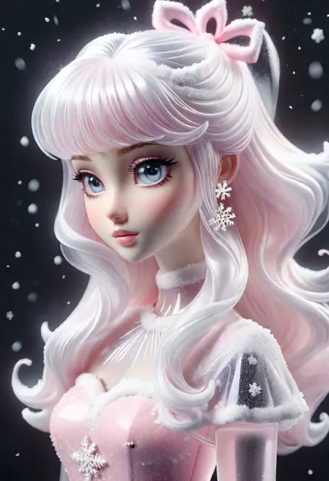 SnowStyle, translucent, transparent, close up, girl, pink christmas dress, straight long hair with bang, look at viewer, snow fall, black background, pastel pink aesthetic mood, pureerosface_v1