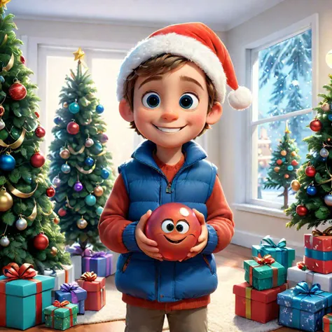 A 3D Pixar kid is donning his father's navy blue sleeveless winter jacket, with big round eyes and a cute smile, striking a pose as if holding a ball to celebrate his birthday. A Christmas tree stands to his left, adorned with gifts, while Santa Claus dwarfs arrange them.