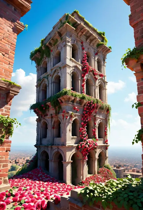 score_9_up, Hyperrealistic view of a million Roses grow from the joints of an old masonry, ((destroyed historic city)), craftsman looking down from the top of a building down with fascinated face,Paths are already overgrown with greenery