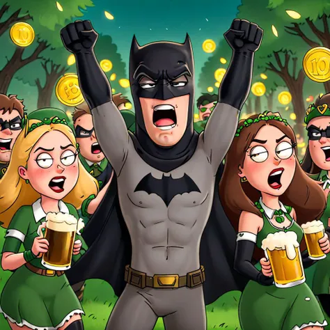 a cartoon character, Batman Knightmare, surrounded by ancient Celtic druid girls, cheering, food, beer, gold coins, decorative lights, outdoors, Saint Patrick's day, celebration, masterpiece, best quality, highly detailed, cartoon, flat color, cinematography