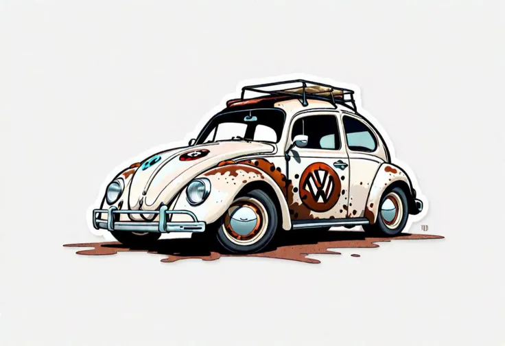 1 car, exaggerated perspective, cartoon style, VW bug, lowerd to the ground front of the car facing viewer, sticker design, comic book style, high definition , dark grungy colors, white background, rusty patina