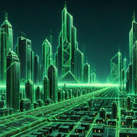 city skyline, emerald glowing outlines, green coloring, dynamic pose, grid, motion blur, cyberpunk, 1980s, retro, scifi <lora:Neon_Cyberpunk_SDXL_-_Cyberspace:1>, (masterpiece:1.2), best quality, (hyperdetailed, highest detailed:1.2), high resolution textures