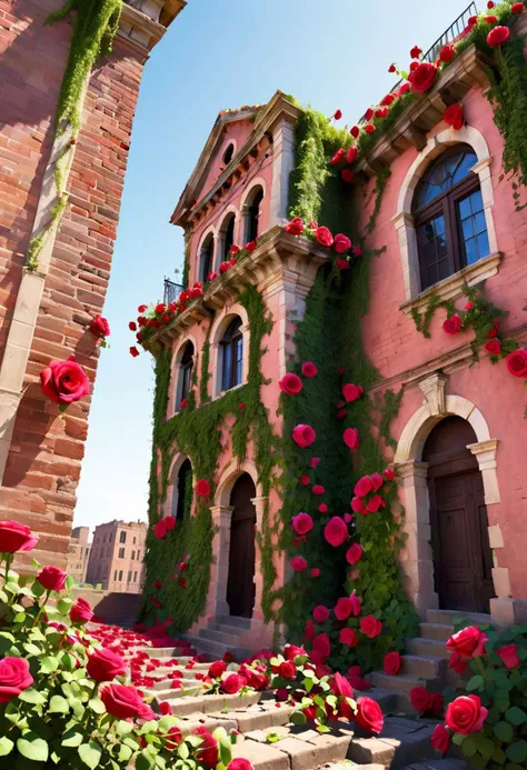 score_9_up, Hyperrealistic view of a million Roses grow from the joints of an old masonry, ((destroyed historic city)), craftsman looking down from the top of a building down with fascinated face,Paths are already overgrown with greenery