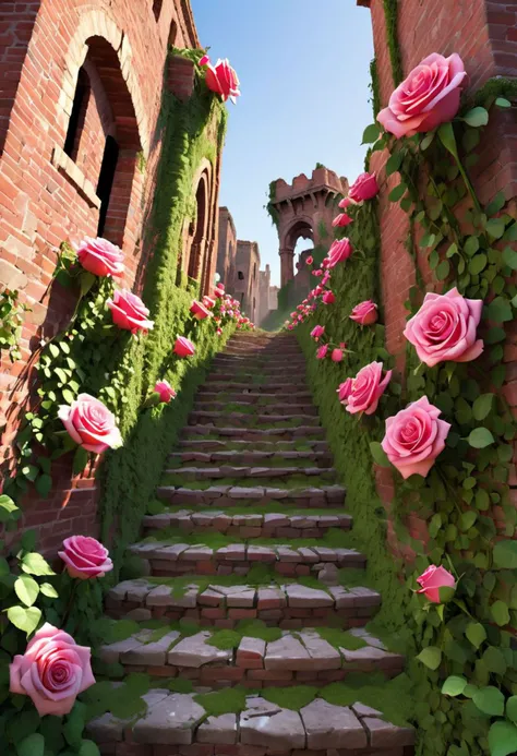 score_9_up, Hyperrealistic view of a million Roses grow from the joints of an old masonry, ((destroyed historic city)), craftsman looking down from the top of a building down with fascinated face,Paths are already overgrown with greenery