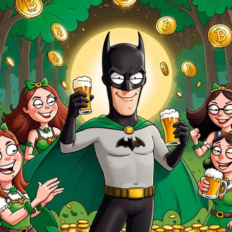 cartoon character, ((Batman, male superhero, in focus)), dancing, cheering, food, beer, gold coins, decorative lights, surrounded by ancient Celtic druid girls, outdoors, Saint Patrick's day, celebration, looking at viewer, masterpiece, best quality, highly detailed, cartoon, flat color, cinematography