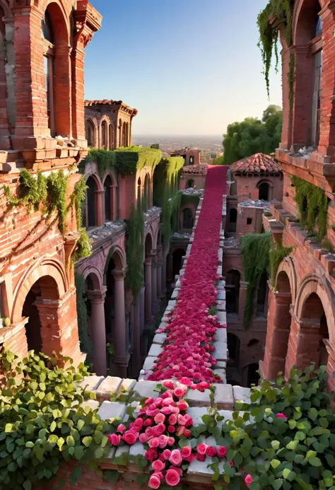 score_9_up, Hyperrealistic view of a million Roses grow from the joints of an old masonry, ((destroyed historic city)), craftsman looking down from the top of a building down with fascinated face,Paths are already overgrown with greenery