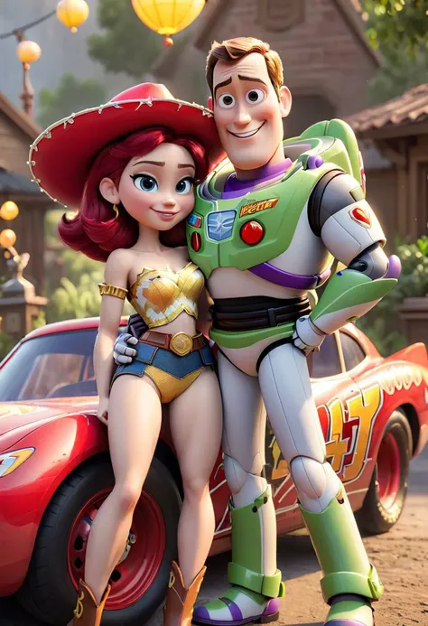 (Buzz McQueen, Sheriff Woody, Jessie, the perfect pixar hero:1.5), Masterpiece photography, (fusion:1.3) of Buzz lightyear and (Lightning McQueen:1.3), Sheriff Woody, Jessie, in hero pose, hugging shoulders, villains lair background, hyperrealistic, bokeh, leica award winning photography, intricate textures, soft lighting