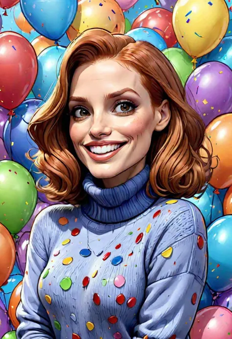 (cartoon style:1.2),  drawing of ([Jessica Chastain|Kelly Ripa|Mila Kunis]), wearing baggy turtleneck sweater, big grin, perfect eyes, detailed face, party background, fun pose, flirty look, confetti, balloons