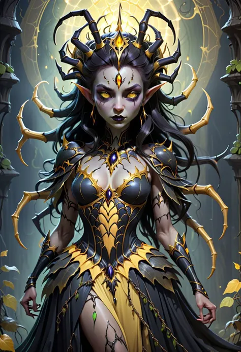 tarot card layout design,
Fantasy art style, Ethereal, Spider Queen, a pretty female elf upper body, the poison fangs of a tarantula grow from her head and she has 6 spider legs as her lower body. Her dress is black and yellow
rich dark colors, vibrant style, dark hues, night, flashes of light
<lora:RMSDXL_Enhance:0.45>,
<lora:add-detail-xl:0.8>,
<lora:RMSDXL_Darkness_Cinema:0.5>,
<lora:RMSDXL_Creative:0.8>,