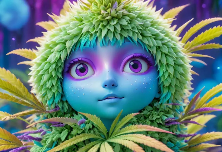 Showcase a cute, fluffy female Yeti with light blue fur and soft purple accents, radiating a calm joy as she stands against a starlit mountain backdrop. Two purple cannabis leaves float peacefully on either side, with the background colors softly transitioning from a twilight lavender to a gentle cyan, framed with soft clouds and twinkling sparkles. Ensure the design exudes a calm, dreamy ambiance that harmonizes the Yeti with her surroundings.
(Yeti presence:1.4), (cannabis leaves:1.2), (mountain details:1.1), (cyan-lavender gradient:0.9), (sparkles:1.0)
Dsk_OutrunXL, (High Resolution), (More Details), (8K), (High Resolution), SK_Ghibli, negativeXL_D