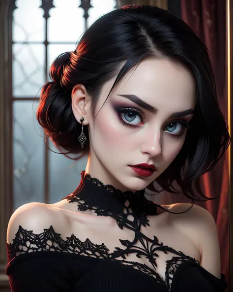 1Female, Gothic, Horror, Darkness, Moody, Depression, sadness, evil, blood, undead, midnight, macabre, eerie., (Upper body photo:1.2). Beautiful female. Wearing a one shoulder sweater. Detailed eyes framed by long, perfect eyelashes. Her eyebrows are perfectly arched and delicate, adding grace to her gaze. Elegant eyeliner. Light make-up. Detailed face. Soft features. Sensual. Photorealistic, Natural atmospheric lighting, intricate details, 35mm photograph, film, professional, 4k visuals, highly detailed, elegant, studio quality.