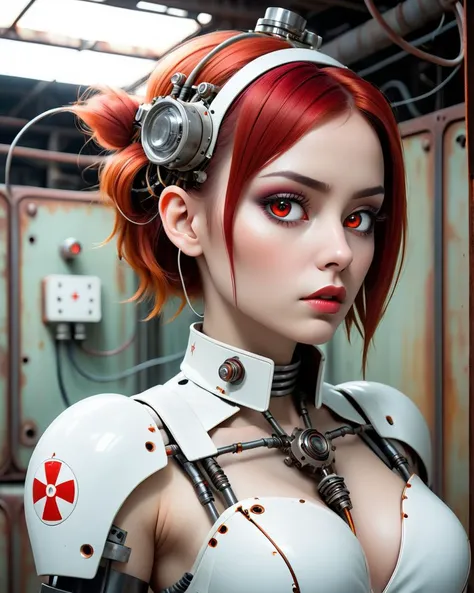 1Female, Gothic, Horror, Darkness, Moody, Depression, sadness, evil, blood, undead, midnight, macabre, eerie., (Female humanoid retro-futuristic android wearing bizarre sexy nurse-style outfit portrait:1.1). (Beautiful highly segmented patterned synthetic face made of white plastic porcelain material:1.2). Sleek futuristic look. Highly detailed beautiful glowing expressive human eyes. (Fancy sideswept bob Hairstyle.:1.2). (Robotic Steampunk Body is both mechanical and decayed, with heavy rust and glitching electronics. The aesthetic is surreal, blending cyberpunk dystopia and mechanical decay, utilizing intricate linework and metallic textures a worn weathered cracked off-white surface etched with fine fracture lines and rust stains and fire damage. Hyper-realistic details.:1.2) Segmented panels reveal glimpses of skin, cleavage and retro circuitry and gears beneath. Visible joints, bolts, welding, and seams along cheekbones and forehead. Tangle of obsolete wires. Tubes emerge from her back connecting her to broken rusted damaged machinery. The aesthetic is surreal, blending cyberpunk dystopia and mechanical decay, utilizing intricate linework and metallic textures. Style elements draw from industrial design, surreal futurism, and intricate mechanical detailing, rusted decay. Incorporating the theme of 1970s-80s psychiatry, with elements such as outdated, cold treatment rooms, harshly lit corridors, and the despair that marked this era of mental health care. The overall image combines bleak clinical scenes with an eerily perfect, yet decayed mechanical aesthetic. Glowing red Incandescent bulbs hang on the ceiling. Post apocalyptic industrial accident. Harsh, dramatic lighting emphasizes textures. Photorealistic, Natural atmospheric lighting, intricate details, 35mm photograph, film, professional, 4k visuals, highly detailed, elegant, studio quality.