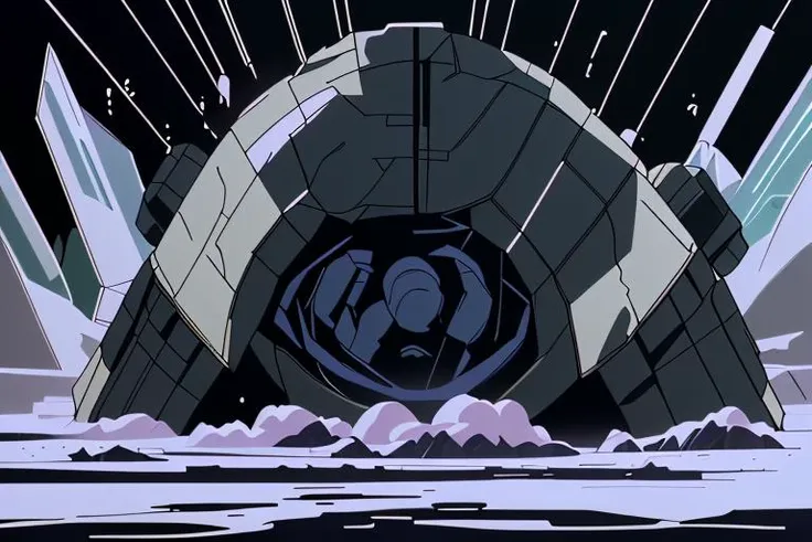 a frame of a animated film of
a gigantic cryo containment vessel with smoke and ice
, style akirafilm <lora:Akira_Style:1>
