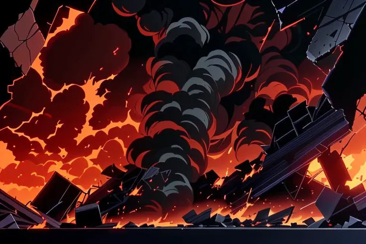 a frame of a animated film of
a destroyed building on fire, debris falling, smoke billowing, sunset
, style akirafilm <lora:Akira_Style:1>