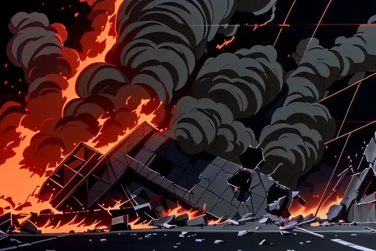 a frame of a animated film of
a destroyed building on fire, smoke, sunset
, style akirafilm <lora:Akira_Style:1>