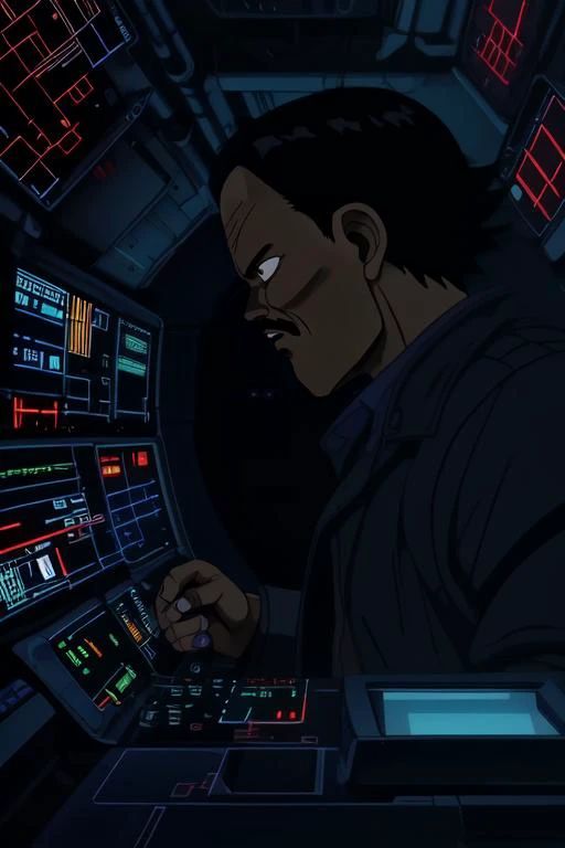 a frame of a animated film of a man looking at a control panel, his face in profile is illuminated by blinking dark blue light,dials, tubes, readouts, flashing red buttons, animated displays , style akirafilm <lora:Akira_Style:1>