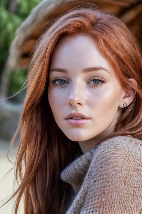 closeup headshot of S218_AurelieDuPont,an attractive woman,in front of a (hut:1.1),wearing a (sweater:1.1),(8k, RAW photo, best quality, depth of field, ultra high res:1.2),(absurdres, intricate, photorealistic, masterpiece, ultra-detailed:1.3),
