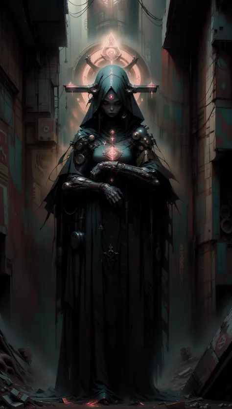 derpd female, cyberpunk scene, woman android cultist assassin preparing cult ritual, wearing unholy armor robes, occult symbolism on walls, dark fantasy scene,sinister atmosphere, in a time of dark gods,<lora:nijiarmor:0.8> <lyco:EnvyAssassin01:1.0> <lora:Occult_XL:0.9> <lora:derpd - DerpdeedooStyle:0.8>