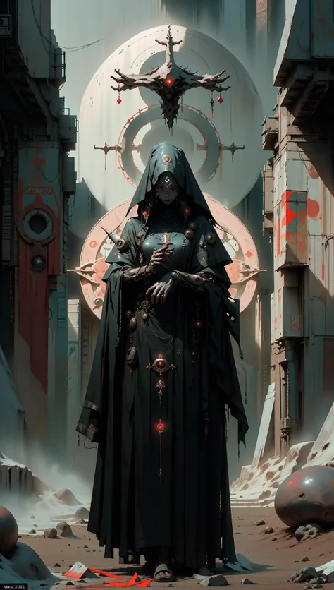 derpd female, cyberpunk scene, woman android cultist assassin preparing cult ritual, wearing unholy mech armor, robes, occult symbolism on walls, sacred geomatry, dark fantasy scene,sinister atmosphere, in a time of dark gods, crowley,<lora:nijiarmor:0.8> <lyco:EnvyAssassin01:1.0> <lora:Occult_XL:0.9> <lora:derpd - DerpdeedooStyle:0.8>