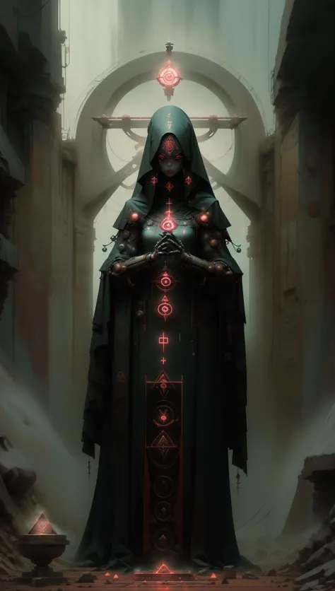derpd female, cyberpunk scene, woman android cultist assassin preparing cult ritual, wearing unholy mech armor, robes, occult symbolism on walls, sacred geomatry, dark fantasy scene,sinister atmosphere, in a time of dark gods, crowley,<lora:nijiarmor:0.8> <lyco:EnvyAssassin01:1.0> <lora:Occult_XL:0.9> <lora:derpd - DerpdeedooStyle:0.8>