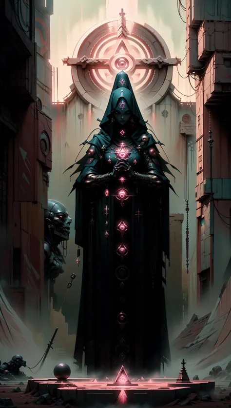 derpd female, cyberpunk scene, woman android cultist assassin preparing cult ritual, wearing unholy mech armor, robes, occult symbolism on walls, sacred geomatry, dark fantasy scene,sinister atmosphere, in a time of dark gods, crowley,<lora:nijiarmor:0.8> <lyco:EnvyAssassin01:1.0> <lora:Occult_XL:0.9> <lora:derpd - DerpdeedooStyle:0.8>