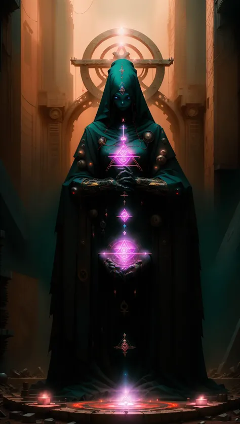 derpd female, cyberpunk scene, woman android cultist assassin preparing cult ritual, wearing unholy mech armor, robes, occult symbolism on walls, sacred geomatry, dark fantasy scene,sinister atmosphere, in a time of dark gods, crowley,<lora:nijiarmor:0.8> <lyco:EnvyAssassin01:1.0> <lora:Occult_XL:0.9> <lora:derpd - DerpdeedooStyle:0.8>