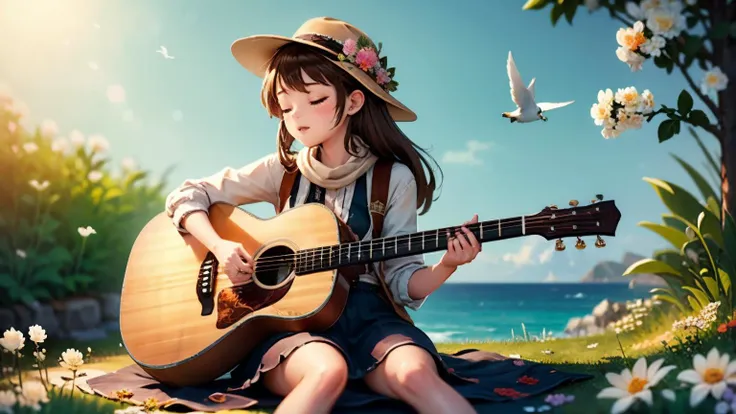 flute, 1girl, guitar, music, playing guitar, female focus, hat, bird, closed eyes, watermark, solo, sitting, nature, bandana, brown hair ,  (flower background:1.3), flower <lora:copax_flower-000001:1>,  <lora:Copax_BluePlus:0.5>