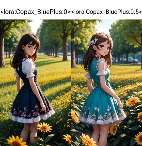 1 girl, flowers, dress, nature, colorful, blue <lora:Copax_BluePlus:0>