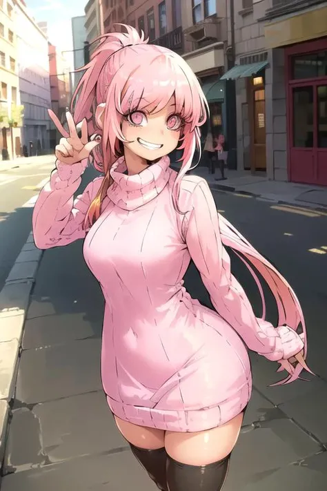 (masterpiece, realistic, best quality, volumetric lighting, street, outdoors), (1girl), (smug, grin), (eyeliner, long eyelashes, pink hair, long hair, long side bangs, ponytail), (pink sweater dress, pink thighhighs), (standing), <lora:Zyugoya:0.7>,