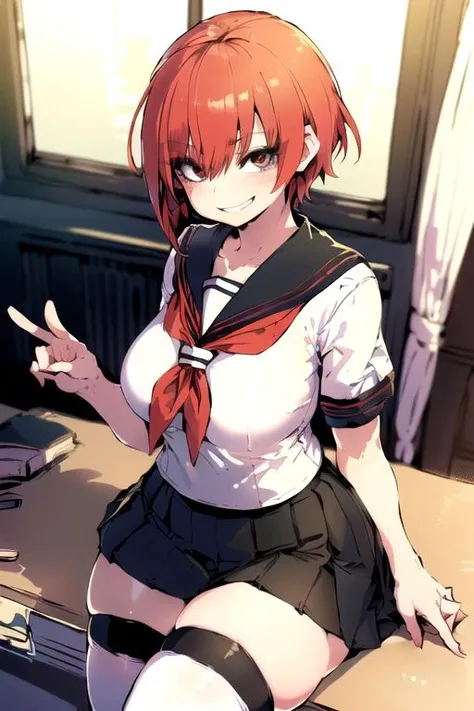 NSFW,show off nipple, Hands behind your back,Hands do not show,Hands fade out,short orange hair, Bun hair,Red ribbons,School uniform,Black plaid skirt,Yui Yuigahama,After all my youth romantic comedy is wrong,Top image quality,masutepiece