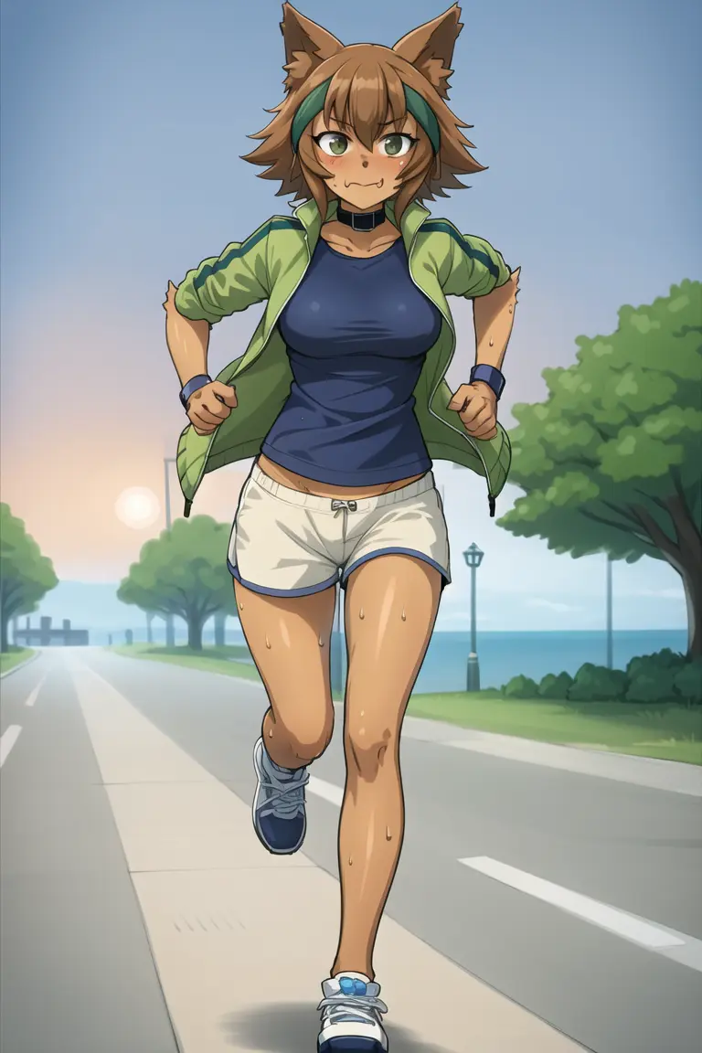 masterpiece, best quality, solo, (detailed eyes:0.9), (detailed lighting, depth of field:0.9), furry, fur, brown skin,
running, sweat,
pier,
perspective,
dusk,
headband, jacket, tshirt, shorts,
smug,
<lora:Polt_1:0.6>,