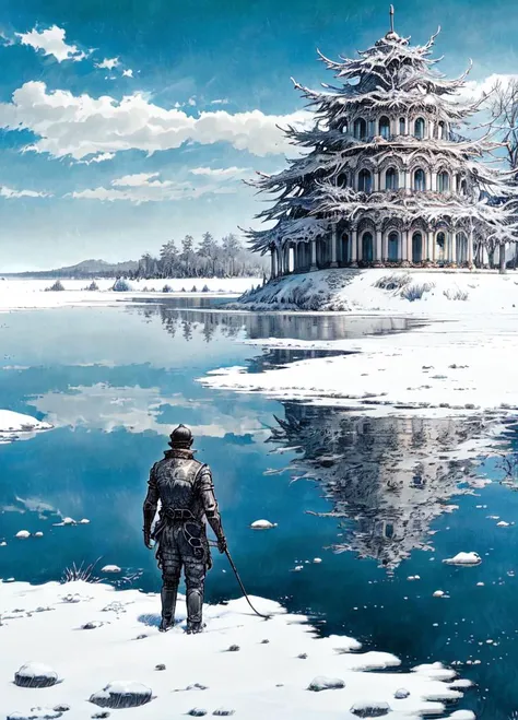 <lora:popularTrainedOnTheMost_v10:1>, a man, water, palace, sky, snow, dragon, <lora:pesDruunaV100SD15_v10:1.1>, full body,