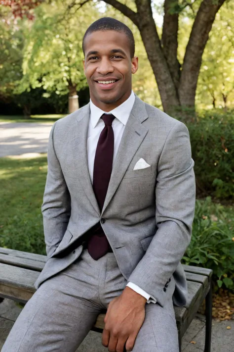 (solo), RAW Photo, photo of (light brown skin:1) African American man sc_chad3 <lora:sc_chad3-06:0.75> sitting on a park bench in a serene urban park in the fall lost in thought, wearing a three-piece suit burgundy tie leaves carpet the ground, autumn hues, vintage lamppost, soft glow, ambient lighting, early evening sun, trees, folden highlight, captivating smile, reflective and sophisticated mood, (GQ magazine), (photo by Bruce Weber)