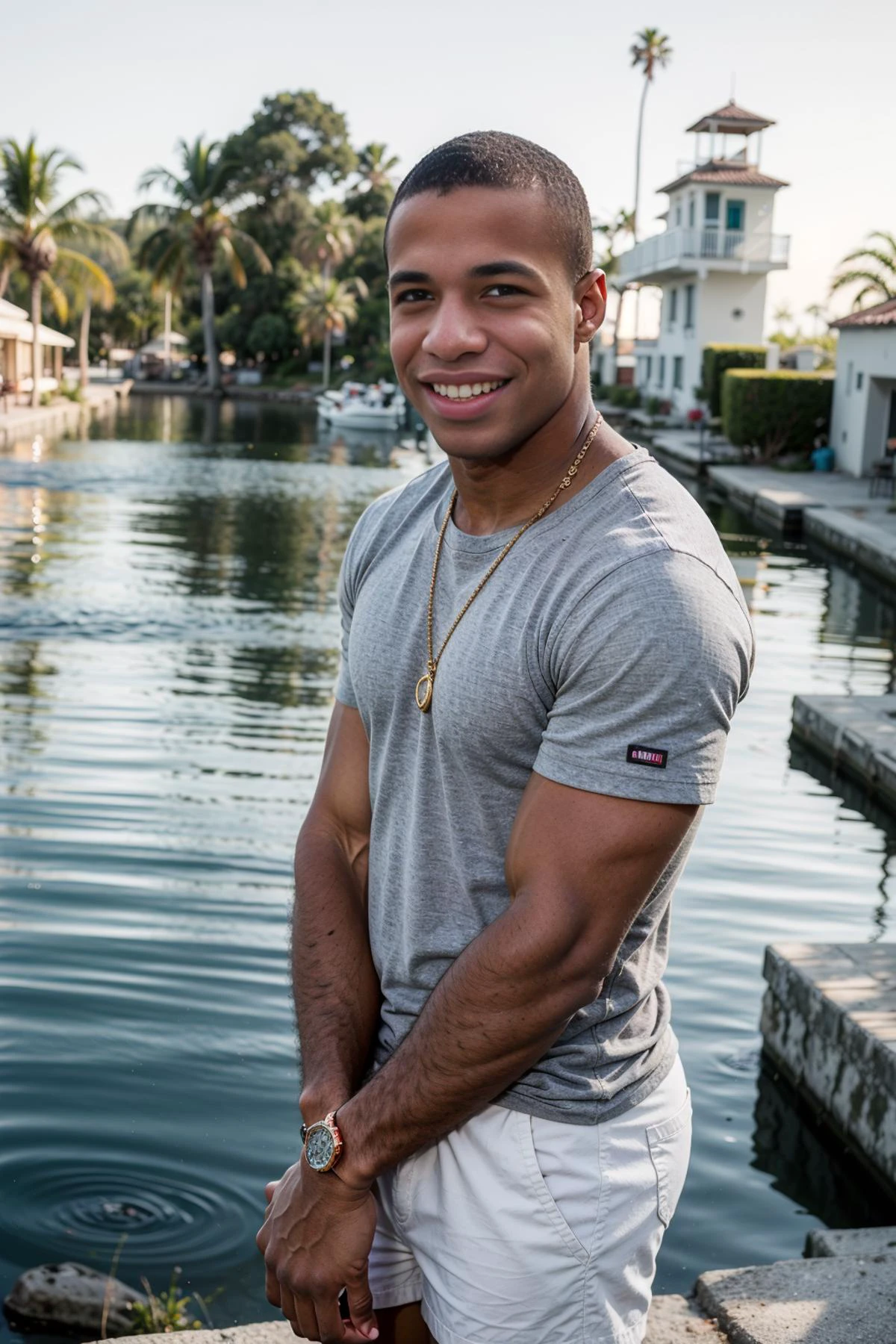 (solo), RAW Photo, photo of (light brown skin:1) African American man sc_chad3 <lora:sc_chad3-06:0.75> enjoying himself on a pristine Caribbean coast wearing a white linen shirt and blue shorts, beaded bracelet, golden hour, warm, soft flow, shimmering reflections on the water, vibrant soulful mood, soft sand, setting sun, joyful expression, (jet magazine), (photo by Mario Testino)