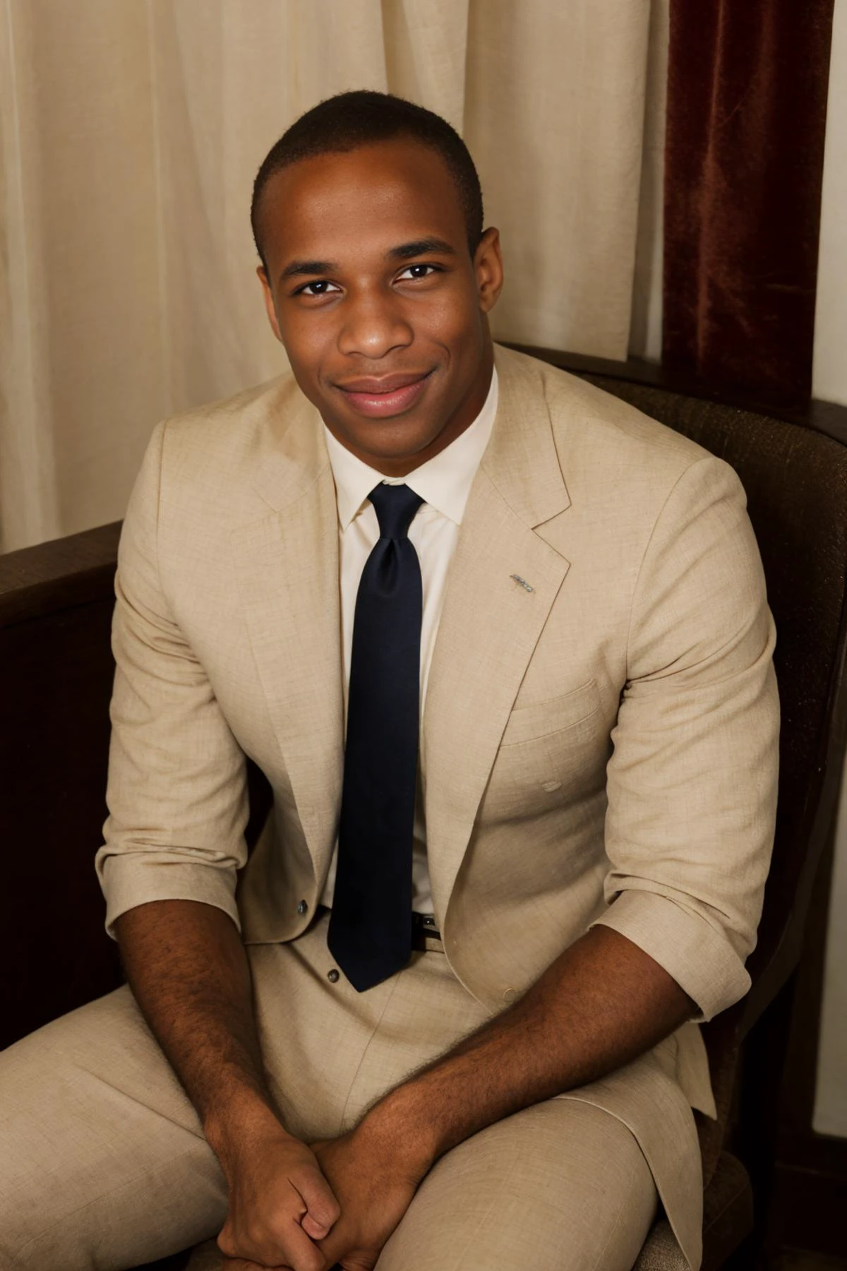 RAW Photo, photo of (light-skinned) African American man sc_chad3 <lora:sc_chad3-06:0.75> sitting introspectively in a booth in a Parisian-style cafe, contemplative smile, wearing charcoal tailored (tom ford suit) with ivory dress shirt and silk burgundy gucci tie, deep mahogany walls, ambient glow, dim interior, soft daylight filtering through lace curtains,serene atmosphere, nostalgic atmosphere, (vanity fair magazine), (photo by Sebastião Salgado), monochromatic, Ralph Lauren pocket square