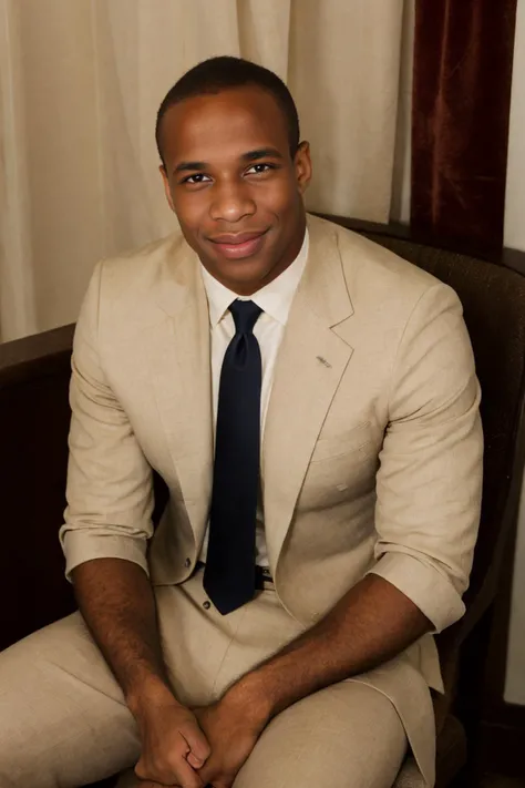 RAW Photo, photo of (light-skinned) African American man sc_chad3 <lora:sc_chad3-06:0.75> sitting introspectively in a booth in a Parisian-style cafe, contemplative smile, wearing charcoal tailored (tom ford suit) with ivory dress shirt and silk burgundy gucci tie, deep mahogany walls, ambient glow, dim interior, soft daylight filtering through lace curtains,serene atmosphere, nostalgic atmosphere, (vanity fair magazine), (photo by Sebastião Salgado), monochromatic, Ralph Lauren pocket square