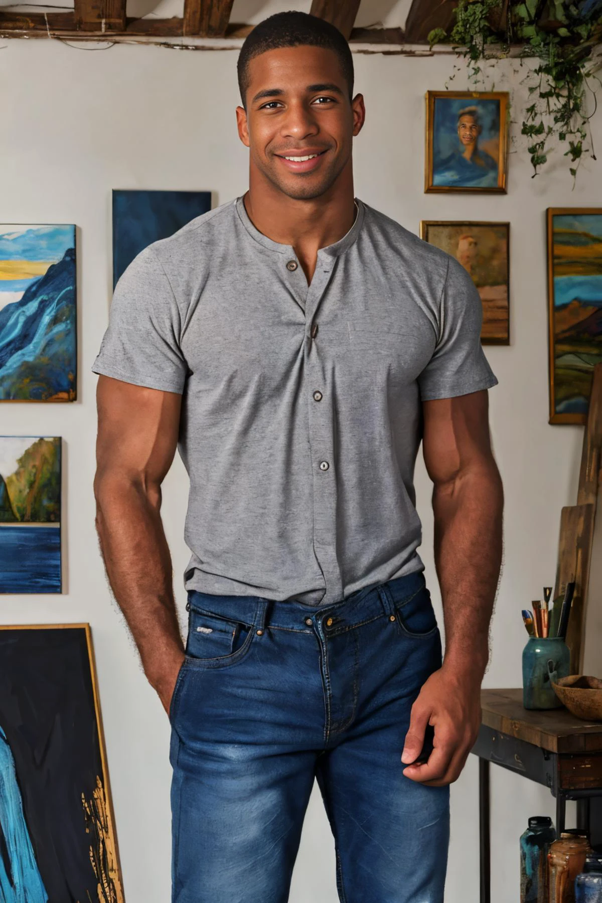 (solo), RAW Photo, photo of (light brown skin:1) African American man sc_chad3 <lora:sc_chad3-06:0.75> painting in a well-lit spacious artist's loft surrounded by canvases, wearing slate gray button down cotton shirt and distressed jeans, paintings and sculptures in the background, exposed brick walls, pottery, large wooden easel stands, natural light, industrial-style windows, soft flow, inspired artistic mood, paint jars, brushes, distant gaze, lost in thought, contemplative, strong