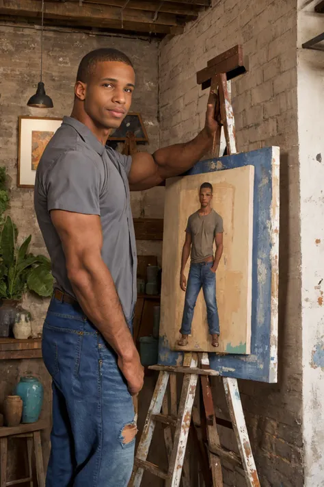 (solo), RAW Photo, photo of (light brown skin:1) African American man sc_chad3 <lora:sc_chad3-06:0.75> painting in a well-lit spacious artist's loft surrounded by canvases, wearing a slate gray button-down cotton shirt and Deep indigo, slightly distressed denim jeans, paintings and sculptures in the background, exposed brick walls, pottery, large wooden easel stands, natural light, industrial-style windows, soft flow, inspired artistic mood, paint jars, brushes, distant gaze, lost in thought, contemplative, strong