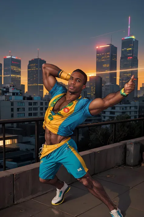 (solo), RAW Photo, photo of (light-skinned:1) African American man sc_chad3 <lora:sc_chad3-06:0.75> dancing on a South African rooftop overlooking a bustling cityscape at twilight wearing contemporary African clothes glow of the setting sun, vibrant ambiance, confidently dancing, athleticism, confidence, urban aesthetic, rhythm, skyscrapers, neon lights, music, (jet magazine), (photo by Gordon Parks)