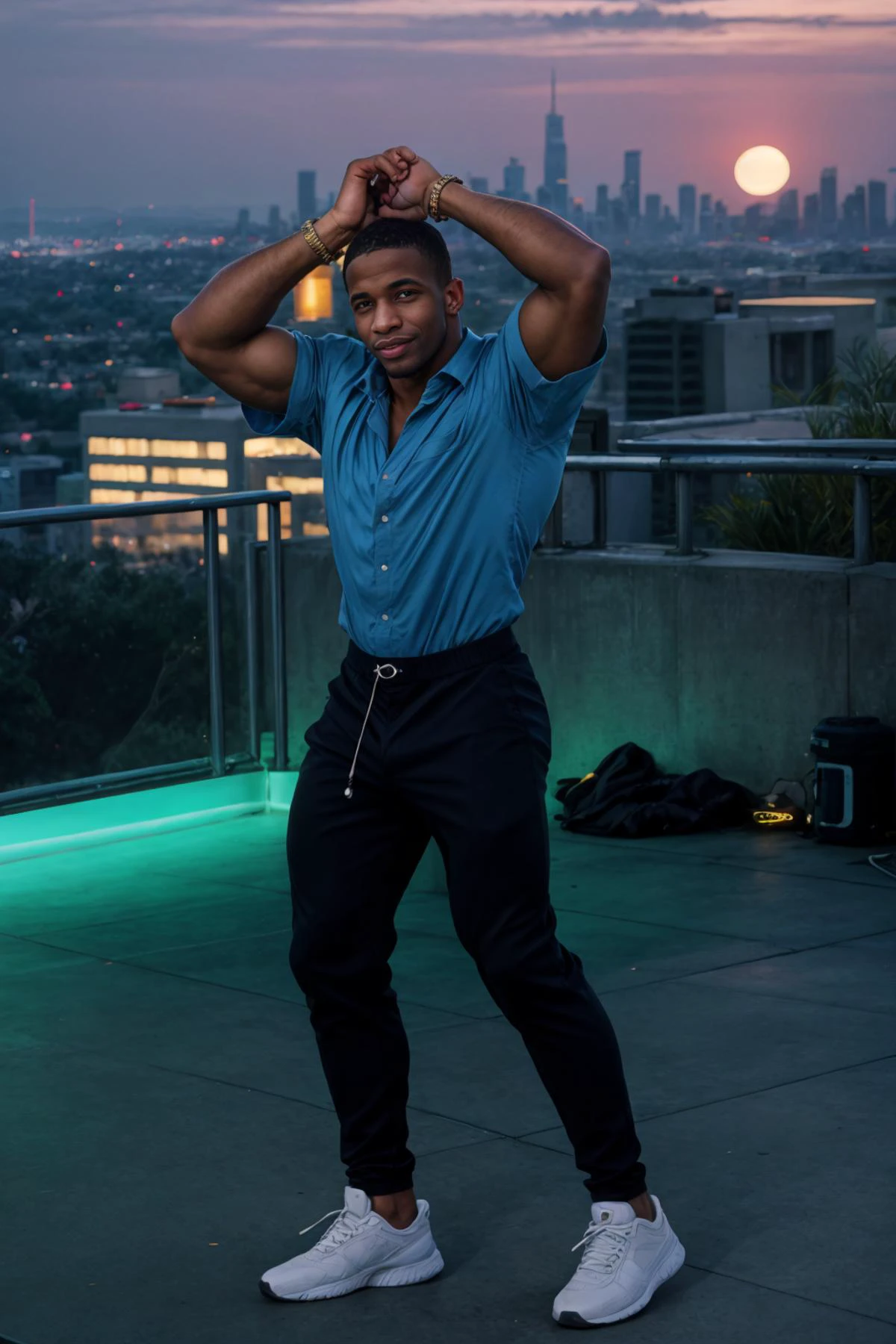 RAW Photo, photo of (light-skinned:1) African American man sc_chad3 <lora:sc_chad3-06:0.75> mid-dance on a rooftop overlooking a bustling cityscape at twilight wearing Deep midnight blue shirt with African motifs and loose tapered pants, glow of the setting sun, vibrant ambiance, confidently dancing, athleticism, confidence, urban aesthetic, rhythm, skyscrapers, neon lights, music, (jet magazine)