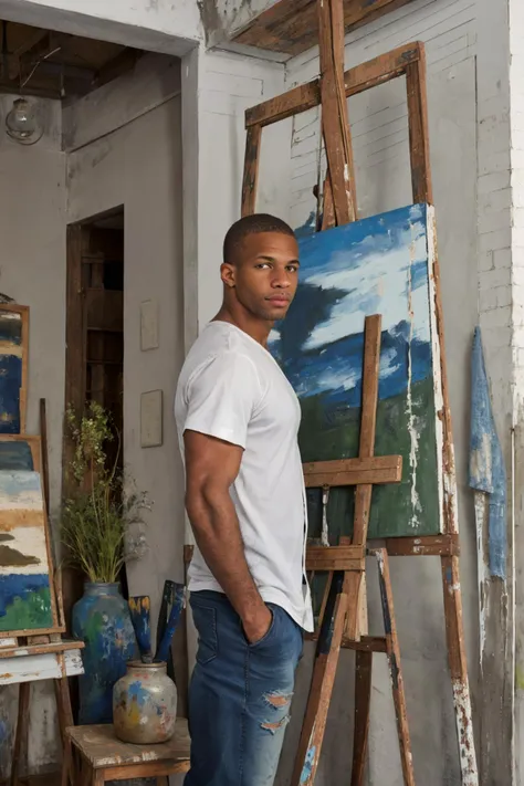 (solo), RAW Photo, photo of (light brown skin:1) African American man sc_chad3 <lora:sc_chad3-06:0.75> painting in a well-lit spacious artist's loft surrounded by canvases, wearing a slate gray button-down cotton shirt and Deep indigo, slightly distressed denim jeans, paintings and sculptures in the background, exposed brick walls, pottery, large wooden easel stands, natural light, industrial-style windows, soft flow, inspired artistic mood, paint jars, brushes, distant gaze, lost in thought, contemplative, strong