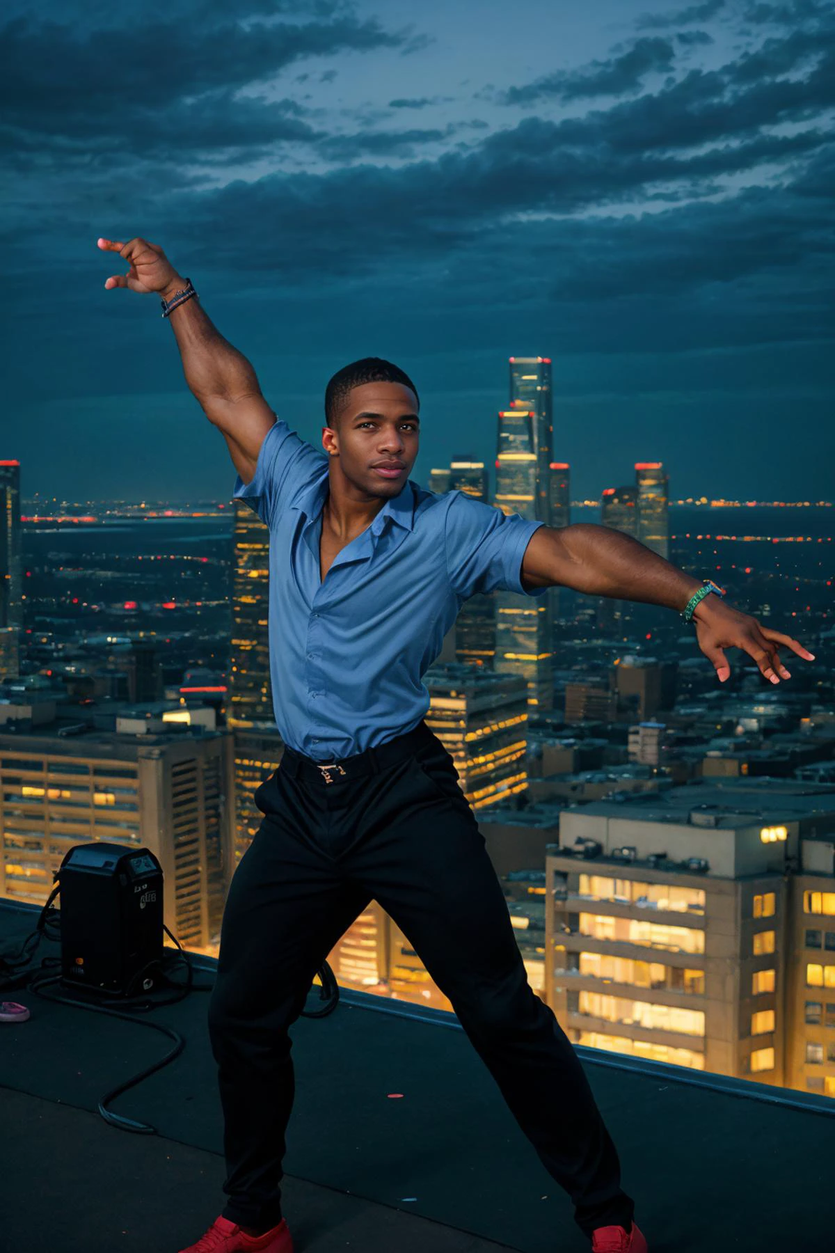 RAW Photo, photo of (light-skinned:1) African American man sc_chad3 <lora:sc_chad3-06:0.75> mid-dance on a rooftop overlooking a bustling cityscape at twilight wearing midnight blue shirt with African motifs, glow of the setting sun, vibrant ambiance, confidently dancing, athleticism, confidence, urban aesthetic, rhythm, skyscrapers, neon lights, music, (jet magazine)