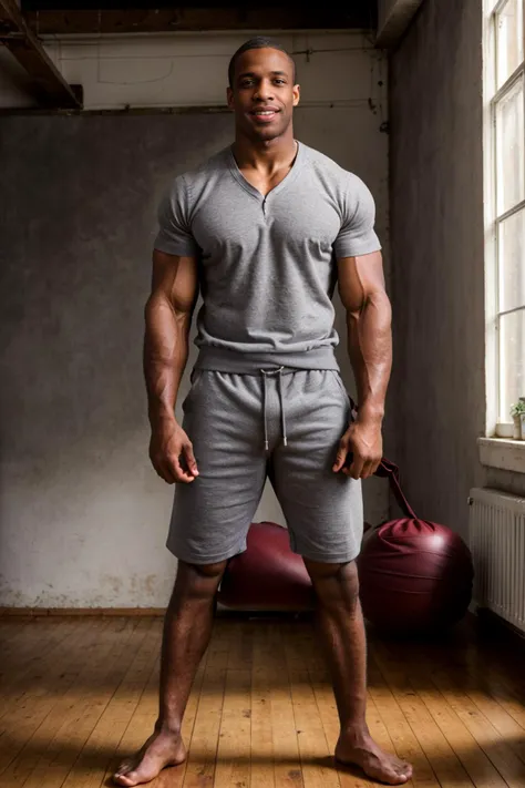 RAW Photo, photo of (light-skinned:1) African American man sc_chad3 <lora:sc_chad3-06:0.75> posing in an (old-school gymnasium) wearing a classic heather (gray henley shirt), charming radiant smile, vintage-style deep (burgundy) cotton gym shorts, reminiscent of the 1940s and 1950s, natural light, soft diffused illumination, nostalgic, determination, confident, vintage aesthetic, Wooden floors, aged leather punching bags, vintage barbells, (equire), (photo by Annie Leibovitz)